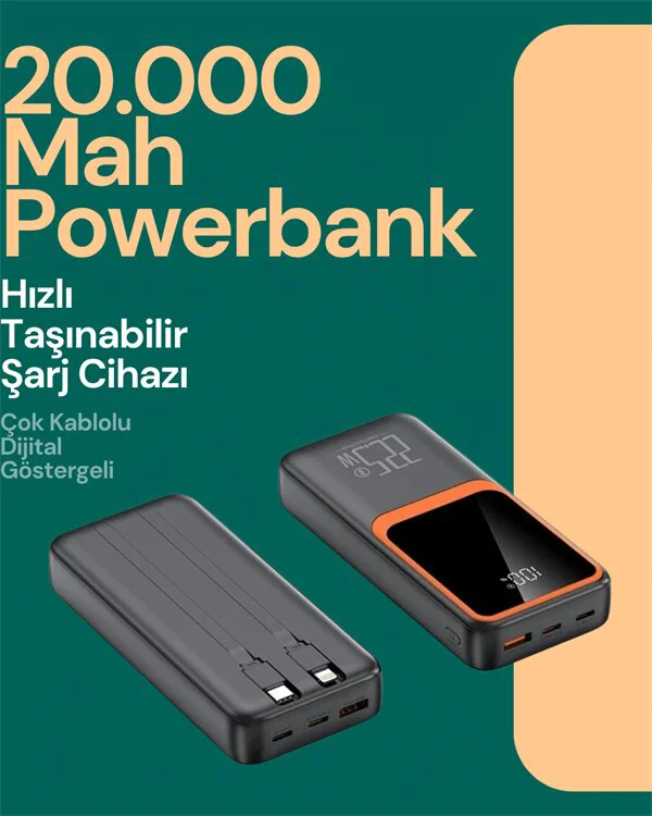 20000 mAh Hızlı Şarj Cihazı - 22.5W Güçlü Şarj, Dijital Ekran ve Kablo Dahil