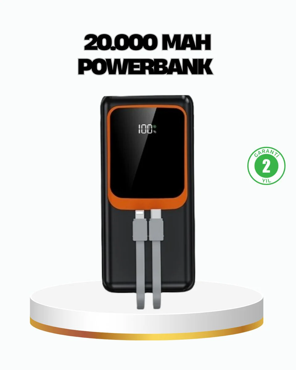 20000 mAh Hızlı Şarjlı Kompakt Powerbank - Çoklu Kablo Dahil ve Akıllı Ekranlı