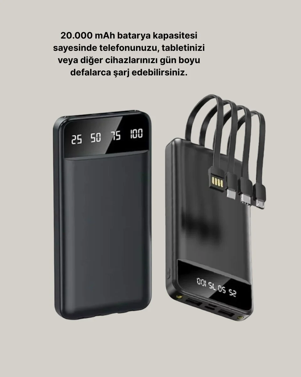 20000 mAh Hızlı Şarj Powerbank - 4 Çıkışlı LED'li Güvenilir Şarj Cihazı