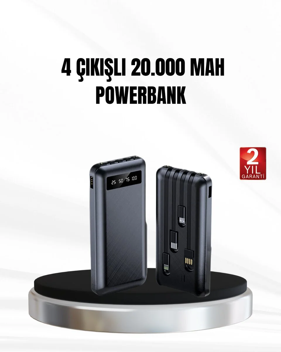 20000 mAh LED Fenerli Güvenlikli Powerbank - Çoklu Cihaz Şarjı