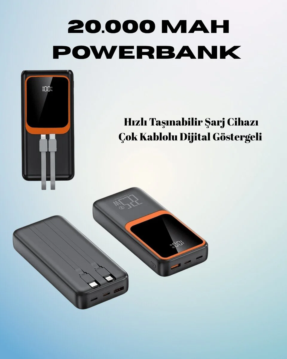 20000 mAh Powerbank - Çok Kablolu Dijital Göstergeli Yüksek Hızlı Şarj