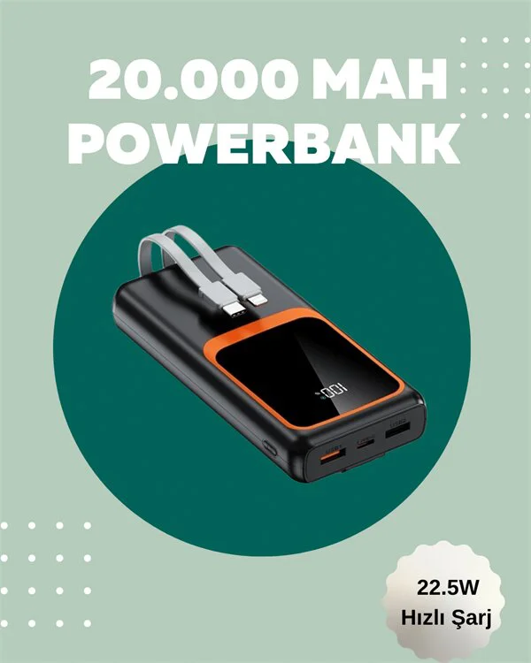 20.000 mAh Powerbank - Dijital Ekranlı Hızlı Şarj ve Çoklu Bağlantı