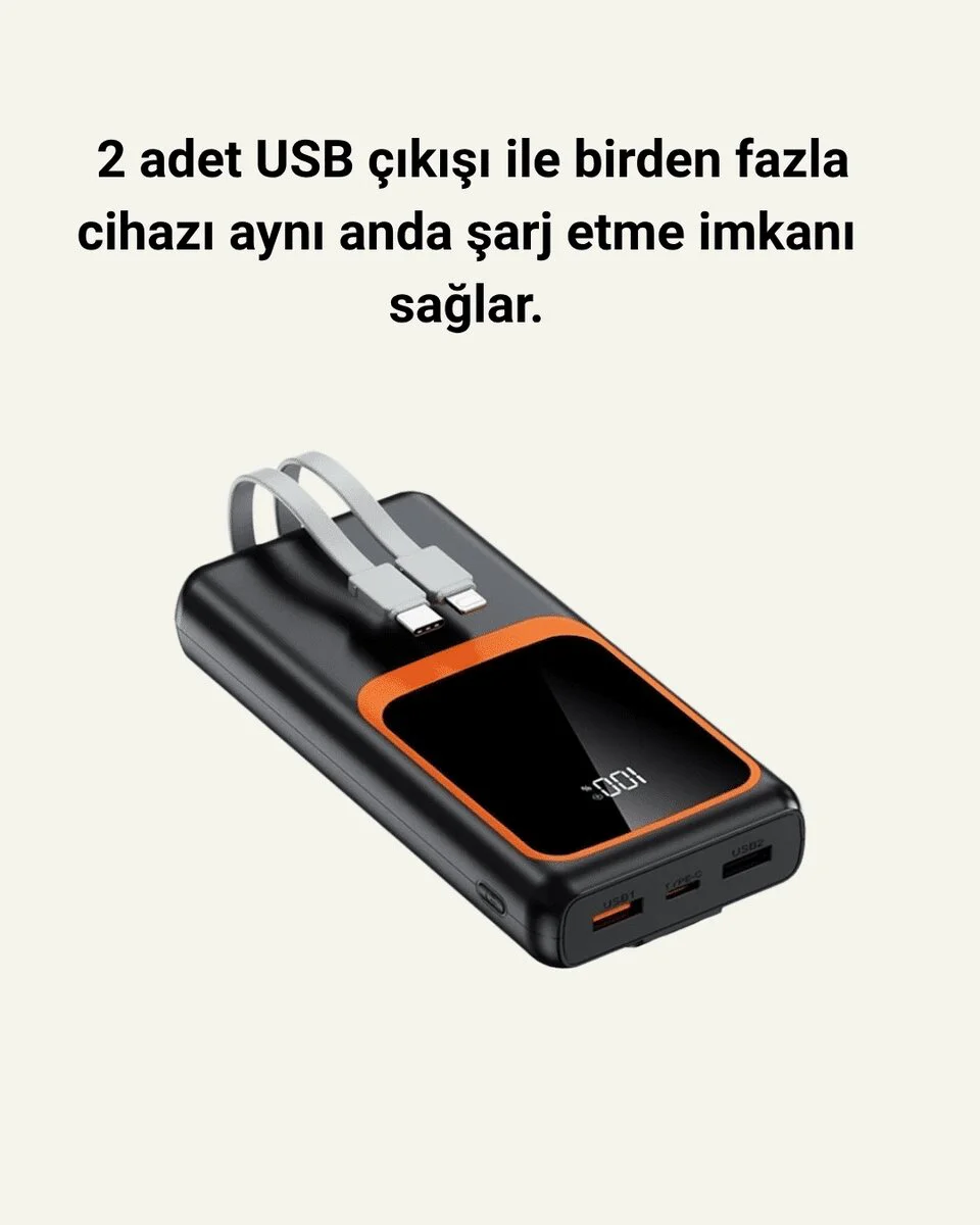 20000 mAh Powerbank - Çok Kablolu Dijital Göstergeli Yüksek Hızlı Şarj