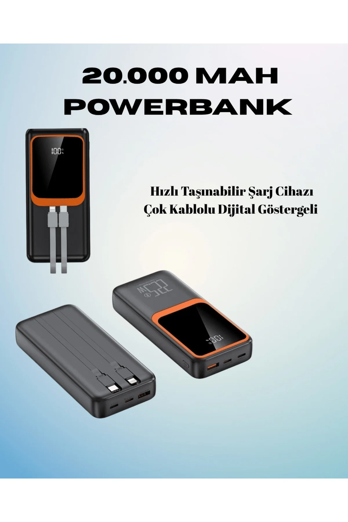 20000 mAh Powerbank | Çok Kablolu, Dijital Göstergeli, Yüksek Hızlı Şarj Cihazı