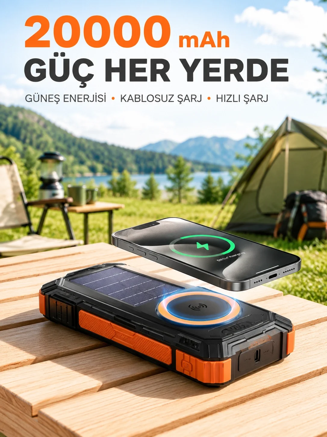 20000 mAh Powerbank Güneş Enerjili Kablosuz Şarj Hızlı Şarj Taşınabilir Batarya 20000 mAh Powerbank Güneş Enerjili Kablosuz Şarj Hızlı Şarj Taşınabilir Batarya