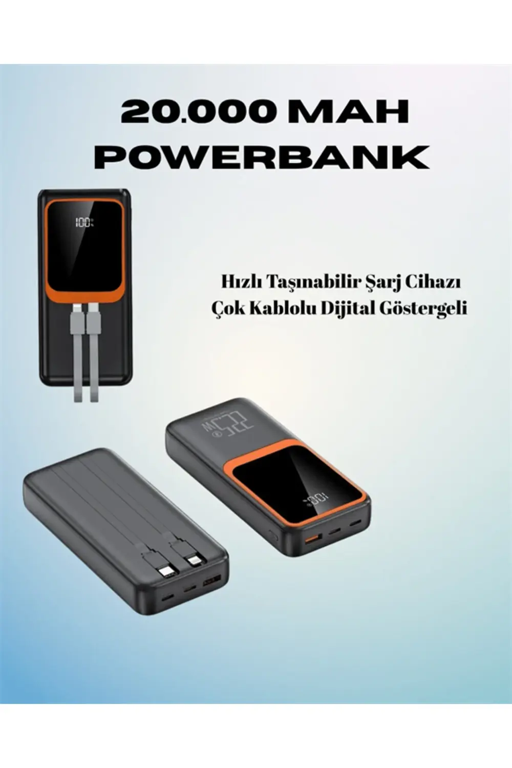 20000 mAh Powerbank | Çok Kablolu, Dijital Göstergeli, Yüksek Hız