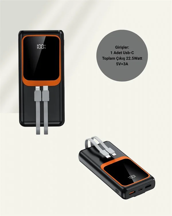 20000 mAh Taşınabilir Powerbank - Çok Kablolu Hızlı Şarj (22.5W) | Güvenilir Güç Kaynağı