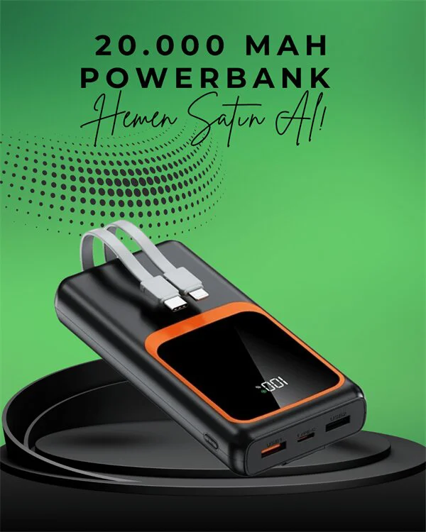20000 mAh Taşınabilir Powerbank - Çok Kablolu Hızlı Şarj (22.5W) | Güvenilir Güç Kaynağı