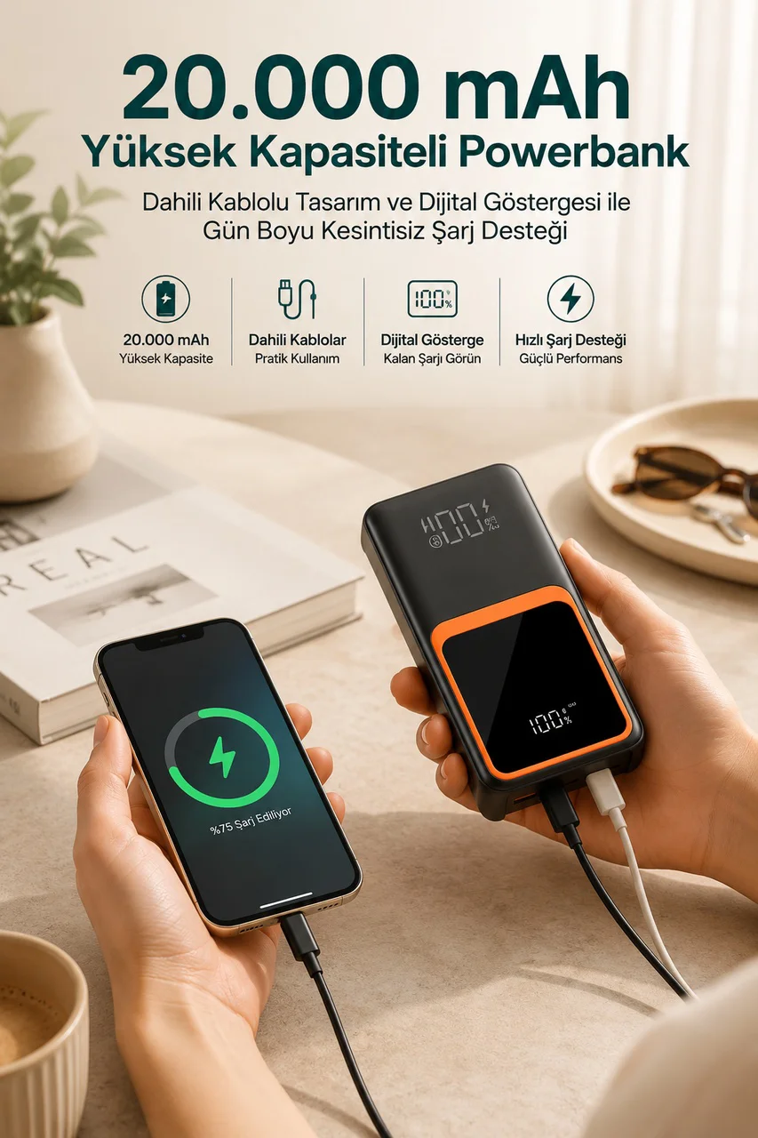 20.000 Mah Taşınabilir Şarj Cihazı Dijital Göstergeli Kablolu Powerbank - Lisinya Diğer