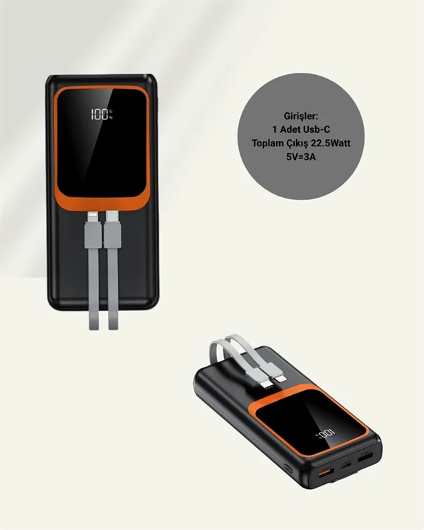 20000 mAh Taşınabilir Powerbank | Çok Kablolu, Hızlı Şarj Destekli (22.5W)