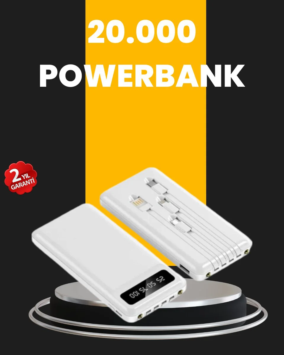 20.000mAh LED Işıklı Powerbank - LCD Gösterge, Çoklu Kablo ve Güvenli Şarj