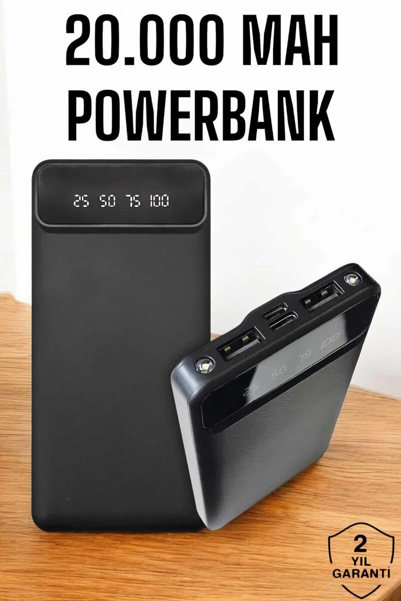 20.000mAh LED Işıklı LCD Ekranlı USB Type-C Lightning Powerbank - Hızlı Şarj ve Acil Durum Işığı