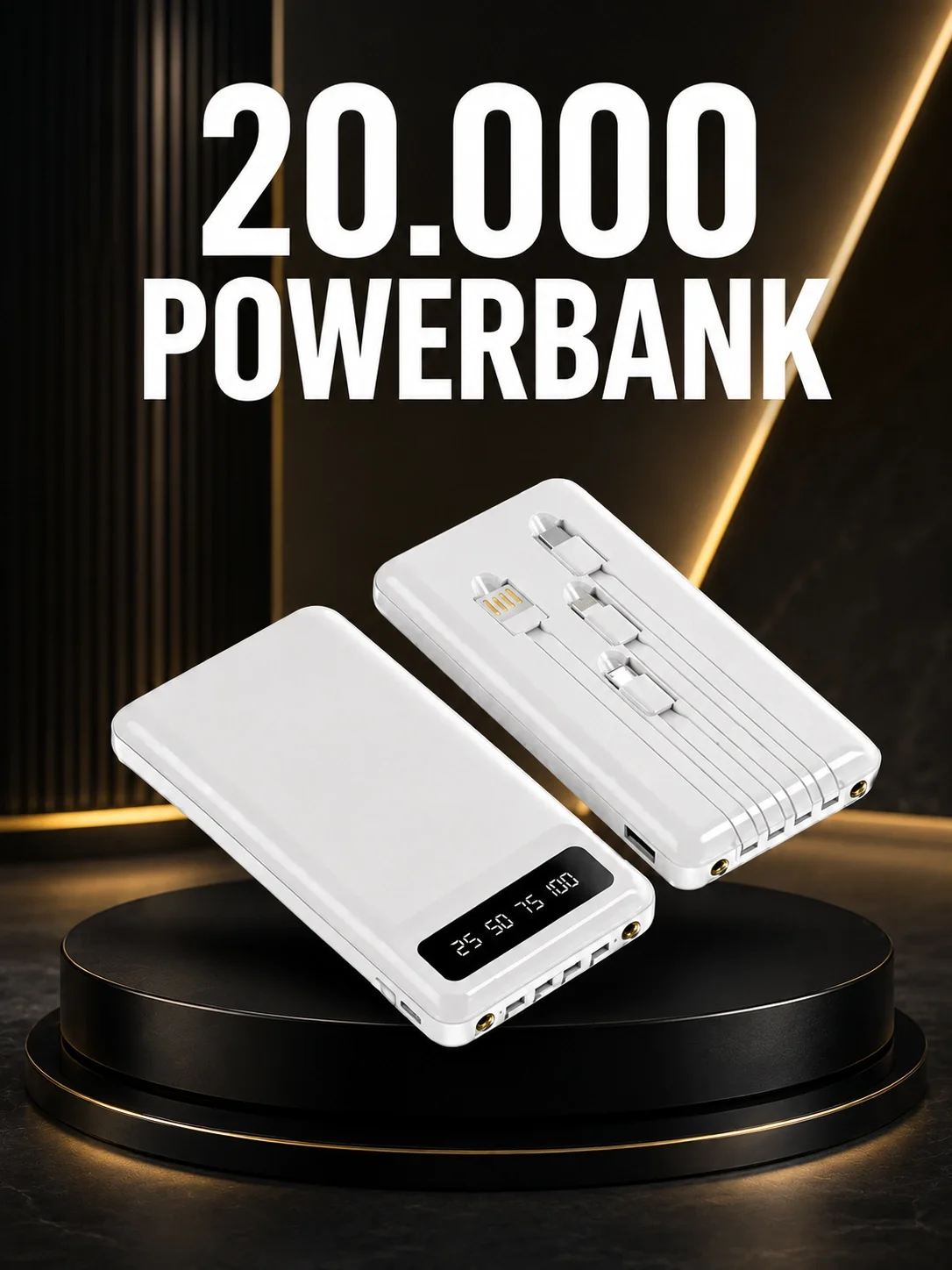 20.000mAh PD Powerbank LED Işık LCD Ekran Dahili Kablo Çoklu Giriş Yeni Nesil