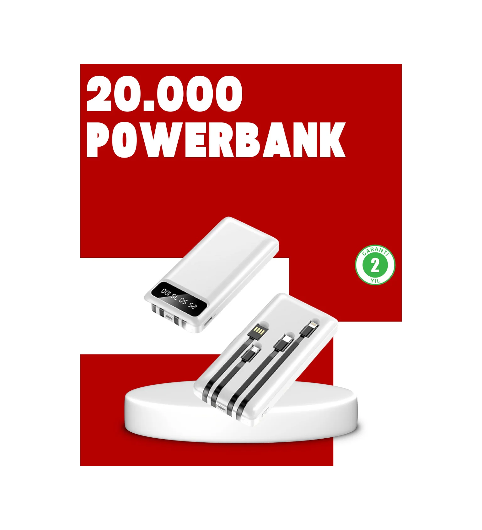 20.000mah Pd Powerbank Led Işık Lcd Ekran Dahili Kablo Çoklu Giriş Diğer