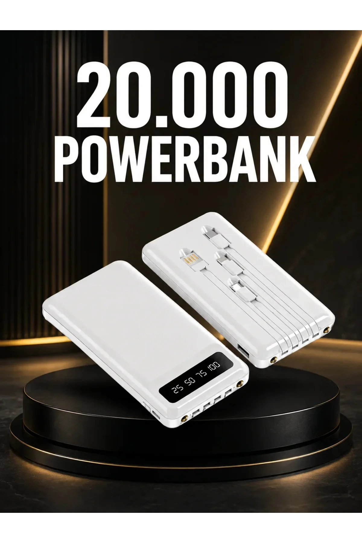 20.000mAh PD Powerbank LED Işık LCD Ekran Dahili Kablo Çoklu Giriş Yeni Nesil