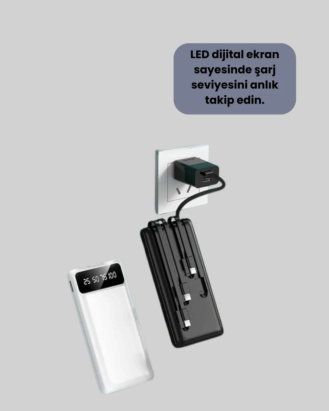 20.000mAh PD Powerbank LED Işık LCD Ekran Dahili Kablo Çoklu Giriş Yeni Nesil
