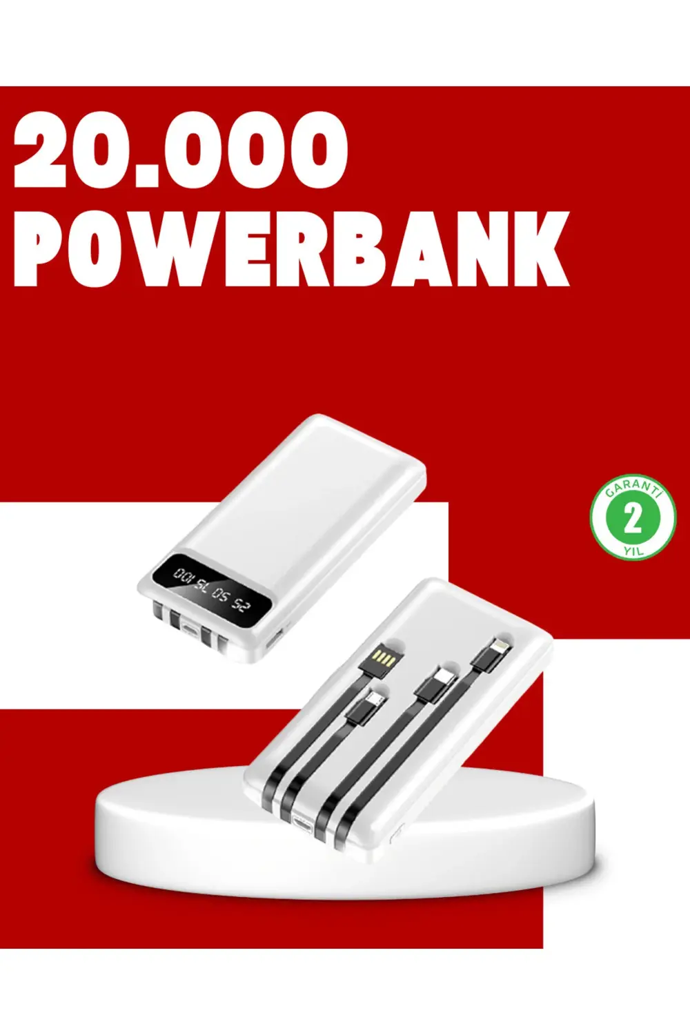 20.000mAh PD Powerbank LED Işık LCD Ekran Dahili Kablo Çoklu Giri