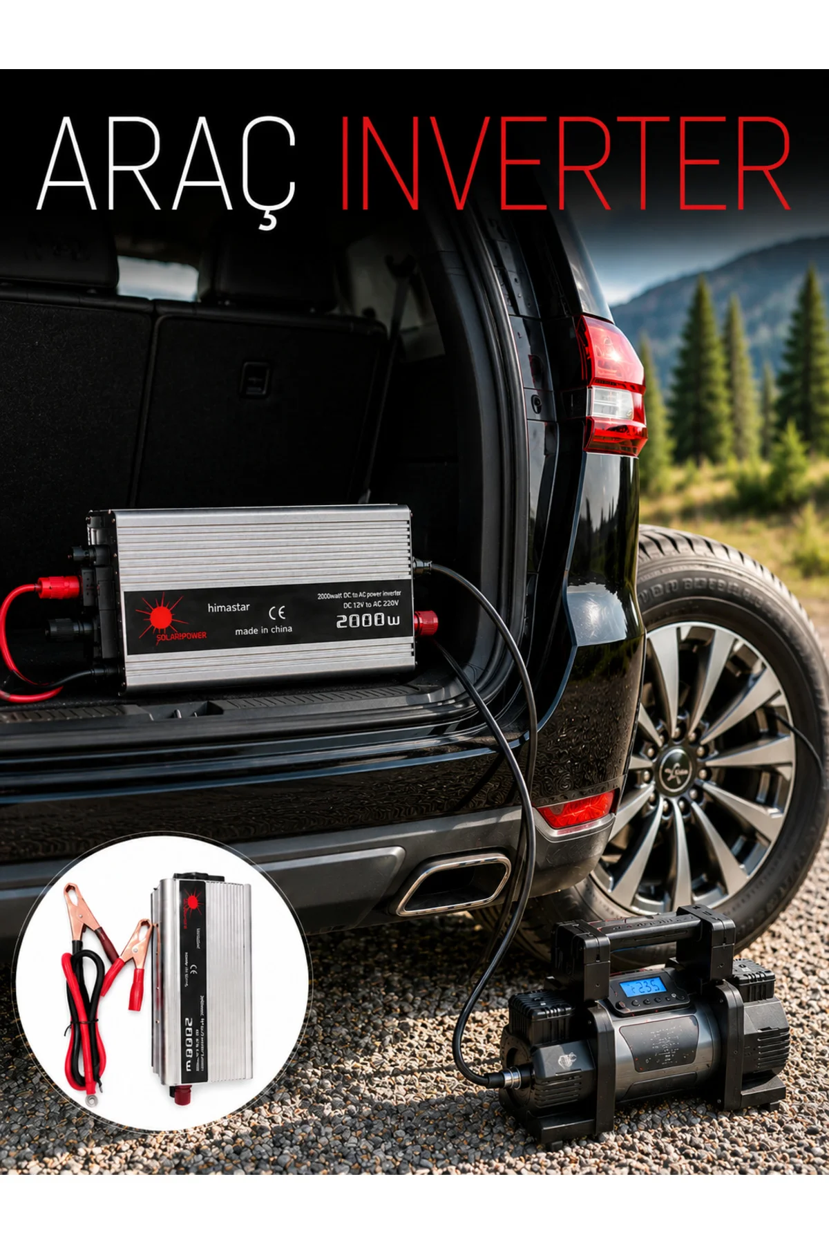2000W Araç İnverter Aküden Güç Dönüştürücü Elektrik Üreten Taşına