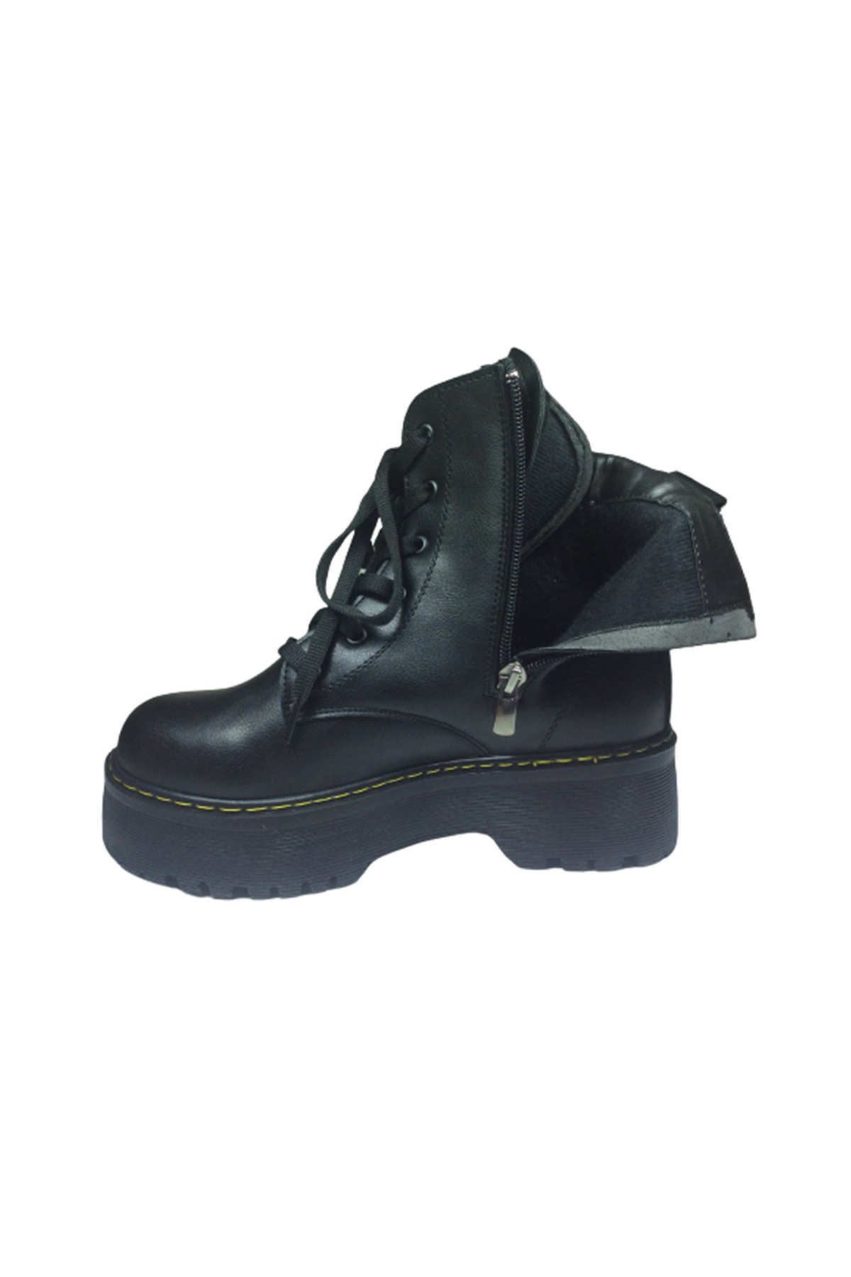 2001 Womenly Style Kadın Siyah Bot Suni Deri Bağcıklı Ve Fermuarl