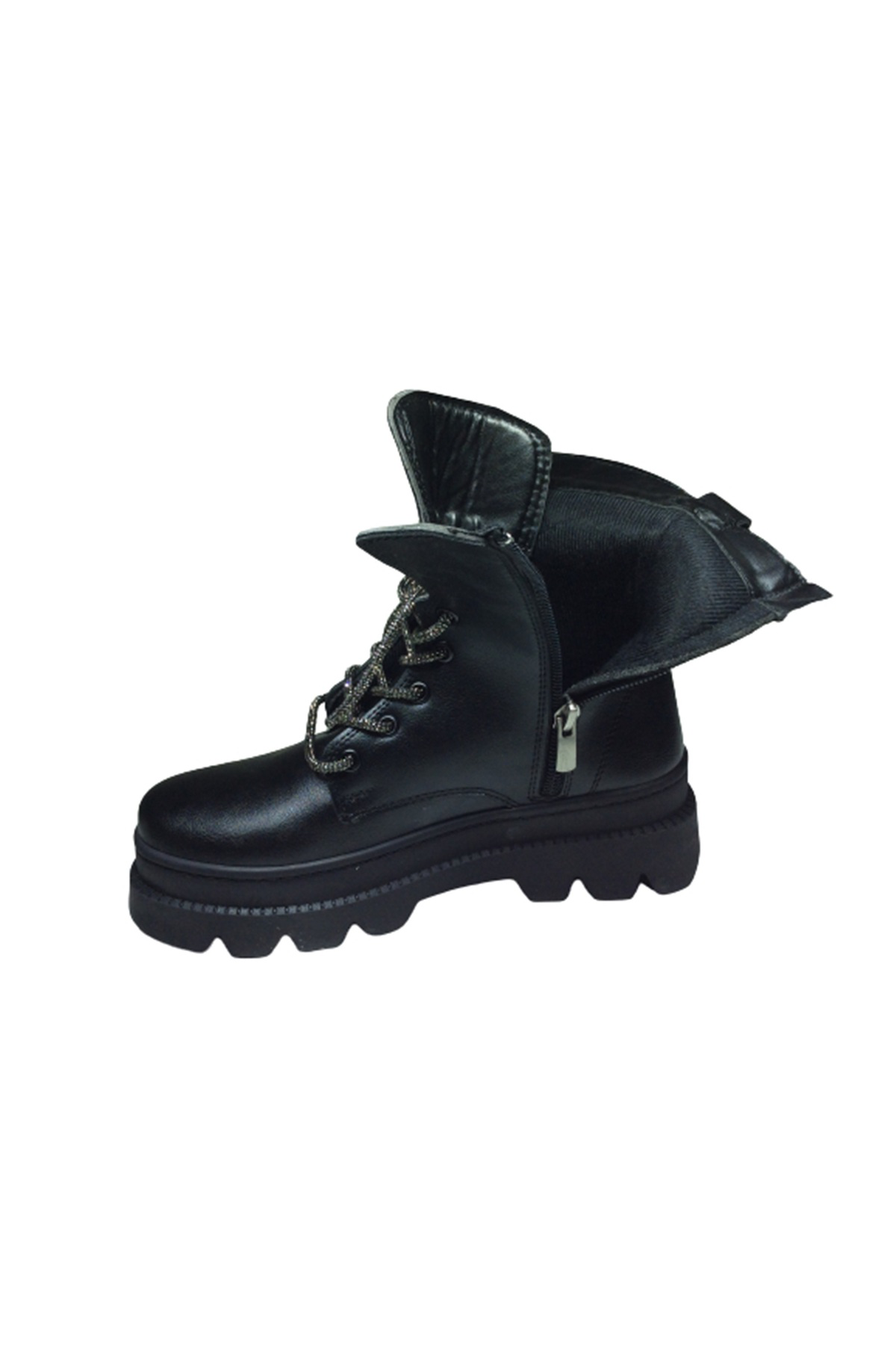 2002 Womenly Style Kadın Siyah Taşlı Postal Bot Bağcıklı Ve Fermu