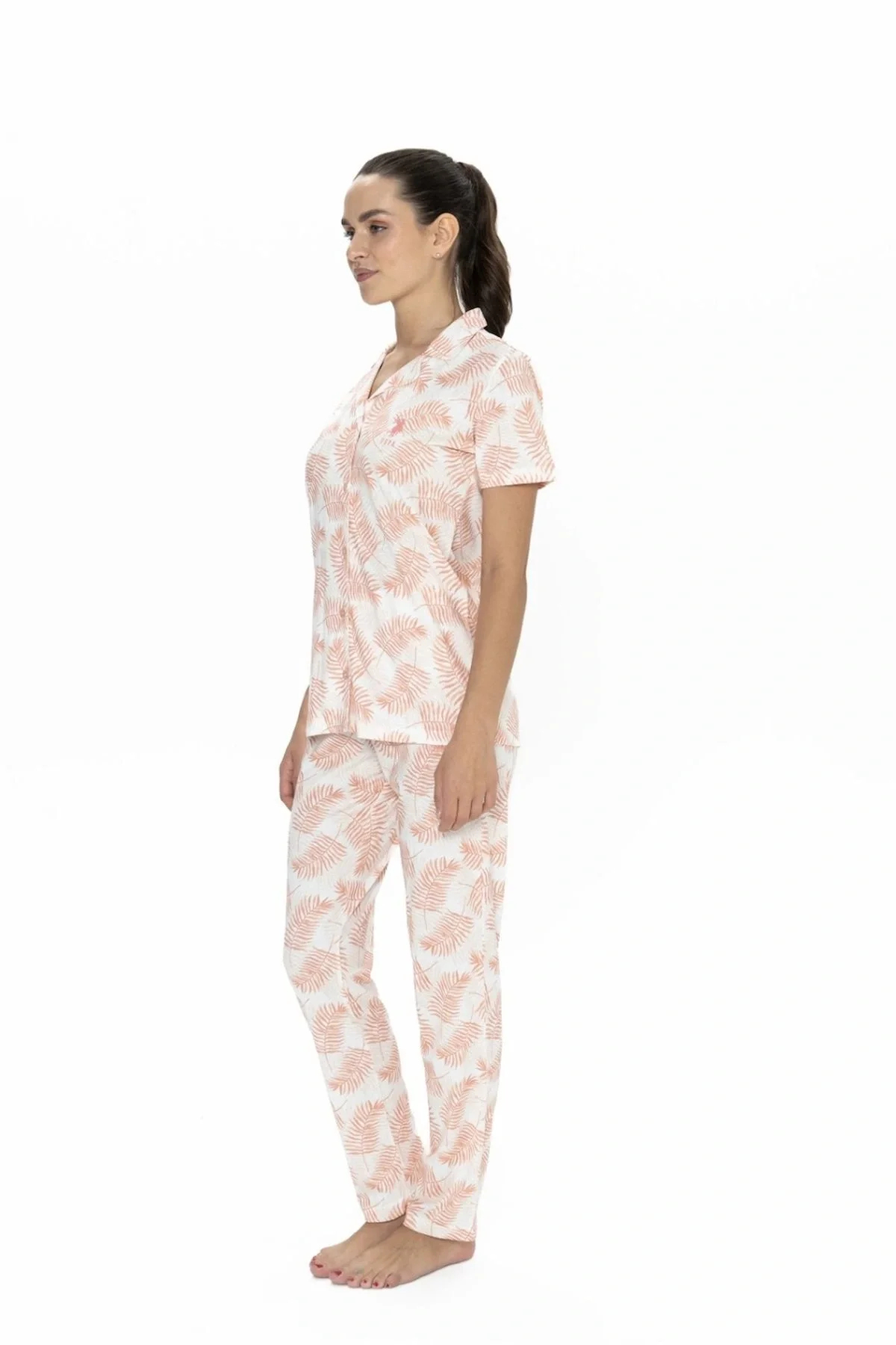 20087 Kadın Mavi Kısa Kollu Boydan Patlı Pijama Takımı