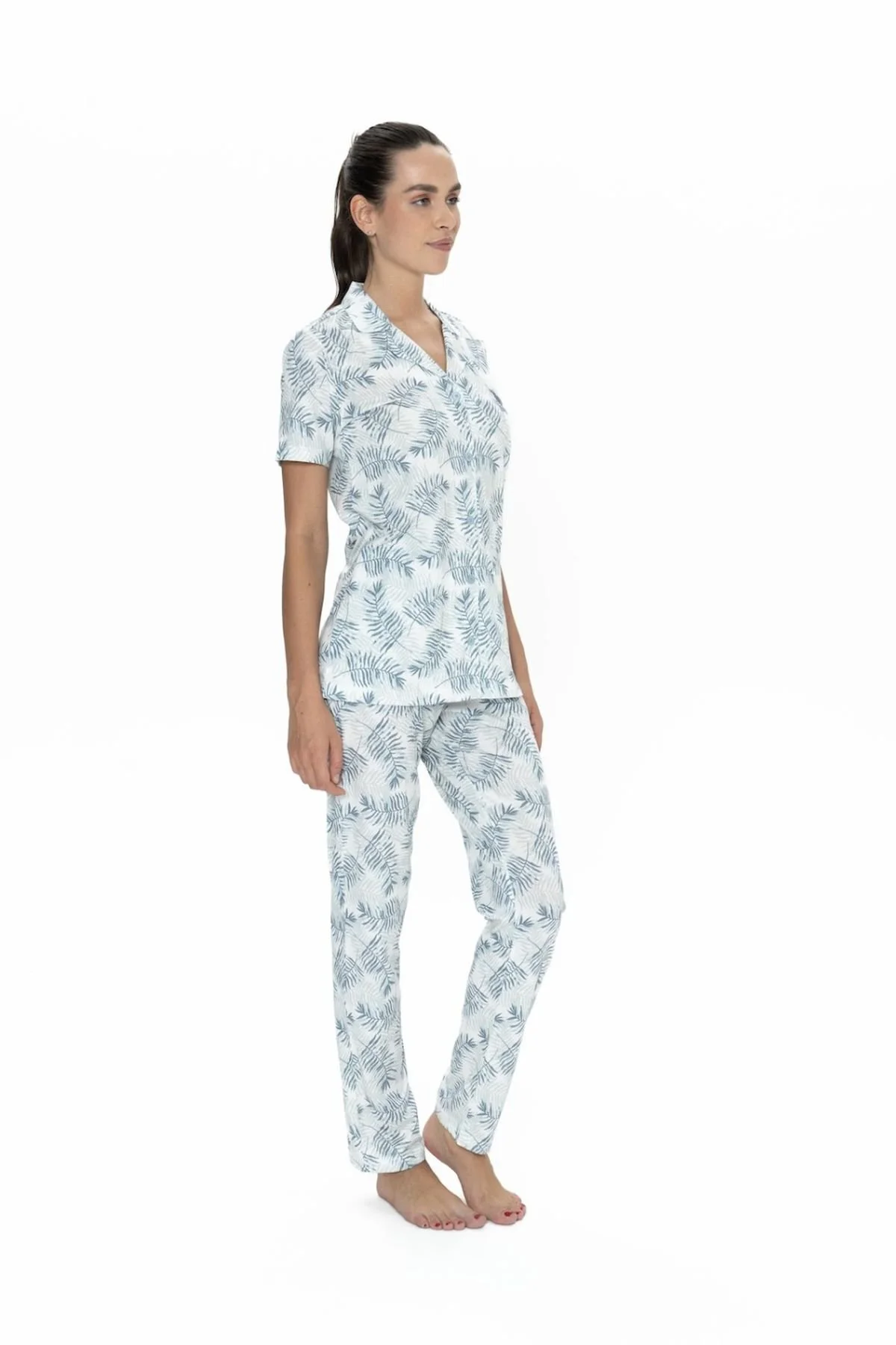 20087 Kadın Mavi Kısa Kollu Boydan Patlı Pijama Takımı