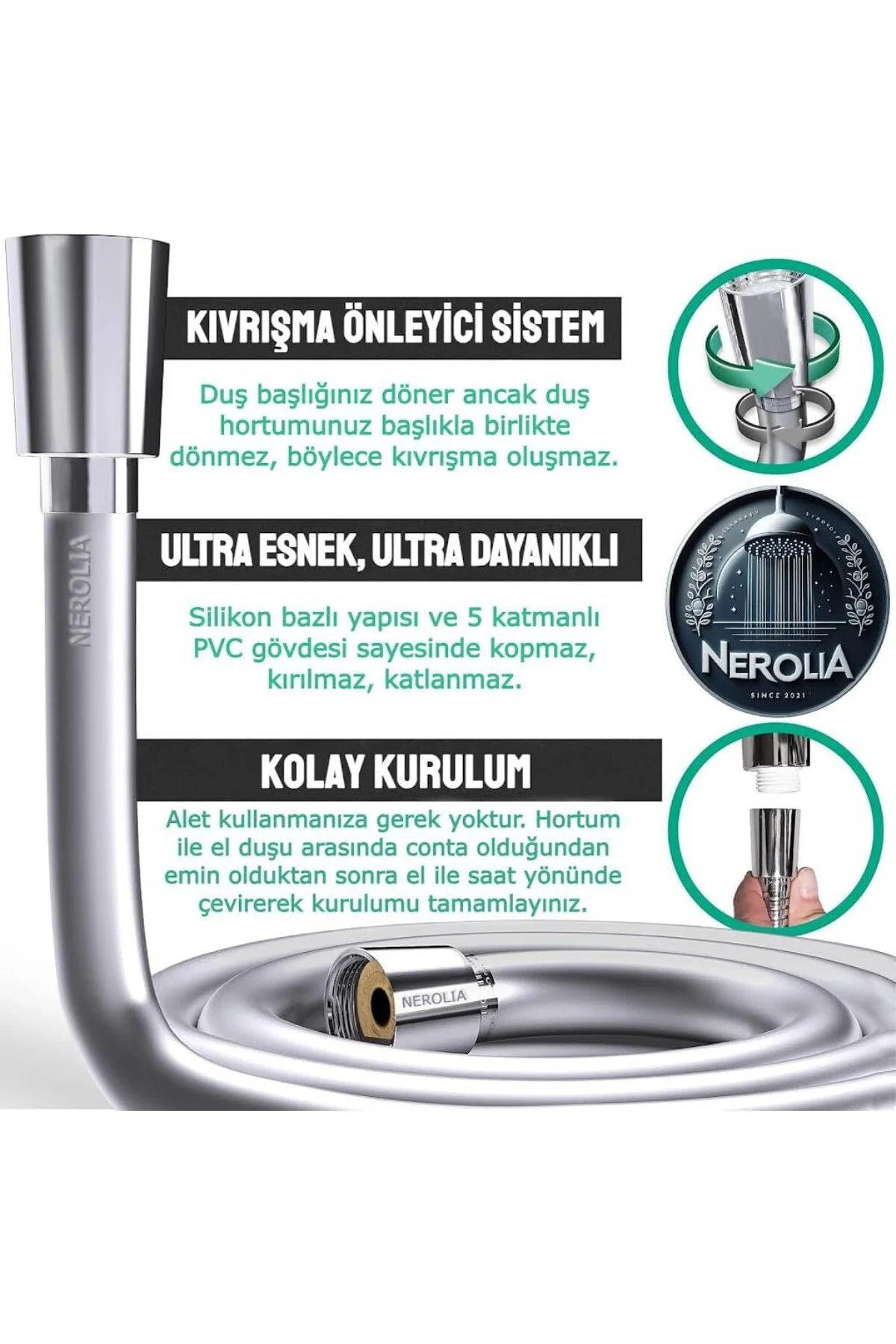 - 200cm Ekstra Uzun Duş Spirali/Patlamaya Dayanımlı Yüksek Basınç