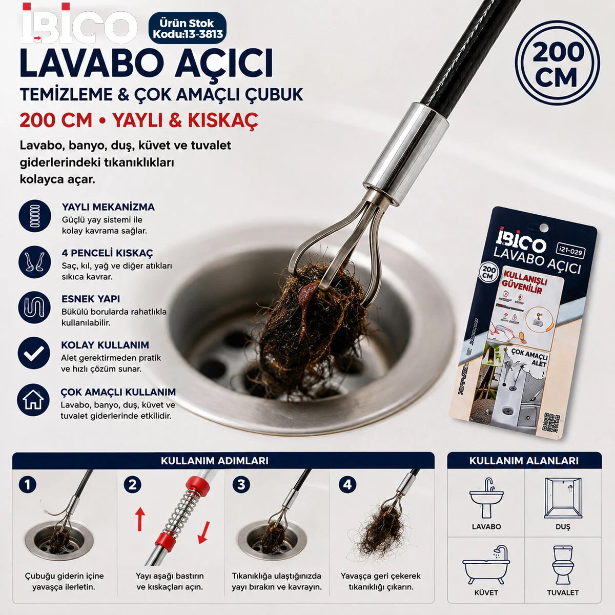 200CM Yaylı - Kıskaç Lavabo - Gider Vb.temizleme - Çok Amaçlı Çubuk
