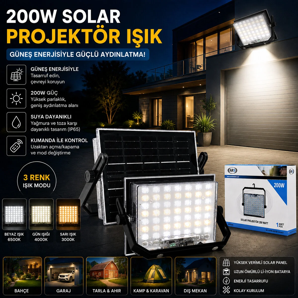 200W Güneş Enerjili Led Işık Solar Projektör - Fener Kamp - Dış Mekan 3 Farklı Led Işık 348961 Lmb Fiyatı, Yorumları ve Özellikleri
