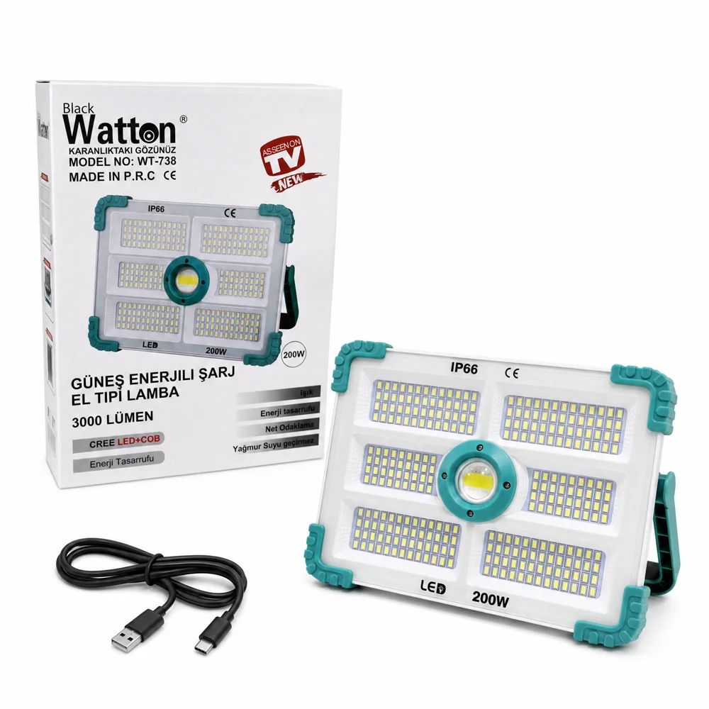 200W Işık Gücü 3.000 Lümen Solar Güneş Enerjili Şarjlı Lamba WT-738
