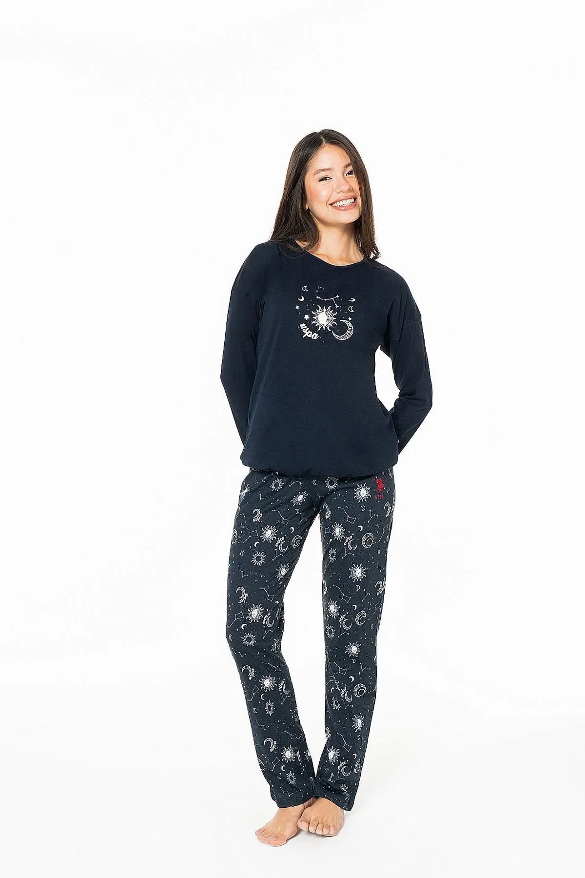 20155 Kadın Lacıvert Yuvarlak Yaka Uzun Kollu Pijama Takımı