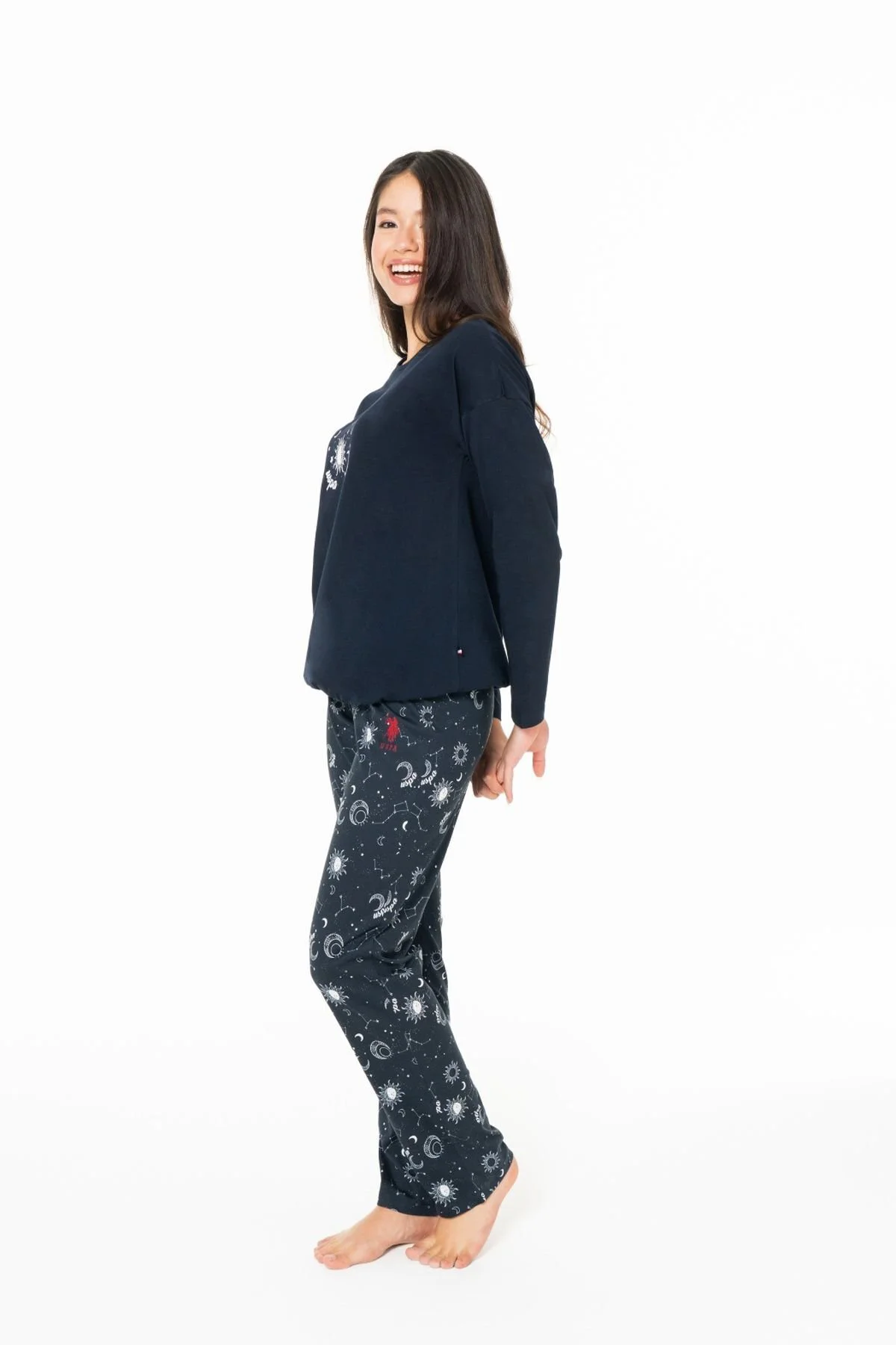 20155 Kadın Lacıvert Yuvarlak Yaka Uzun Kollu Pijama Takımı