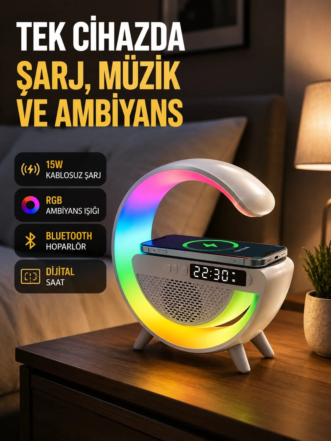 2025 Model 15W Kablosuz Şarjlı Renkli Atmosfer Lambası Fiyatı, Yorumları ve Özellikleri