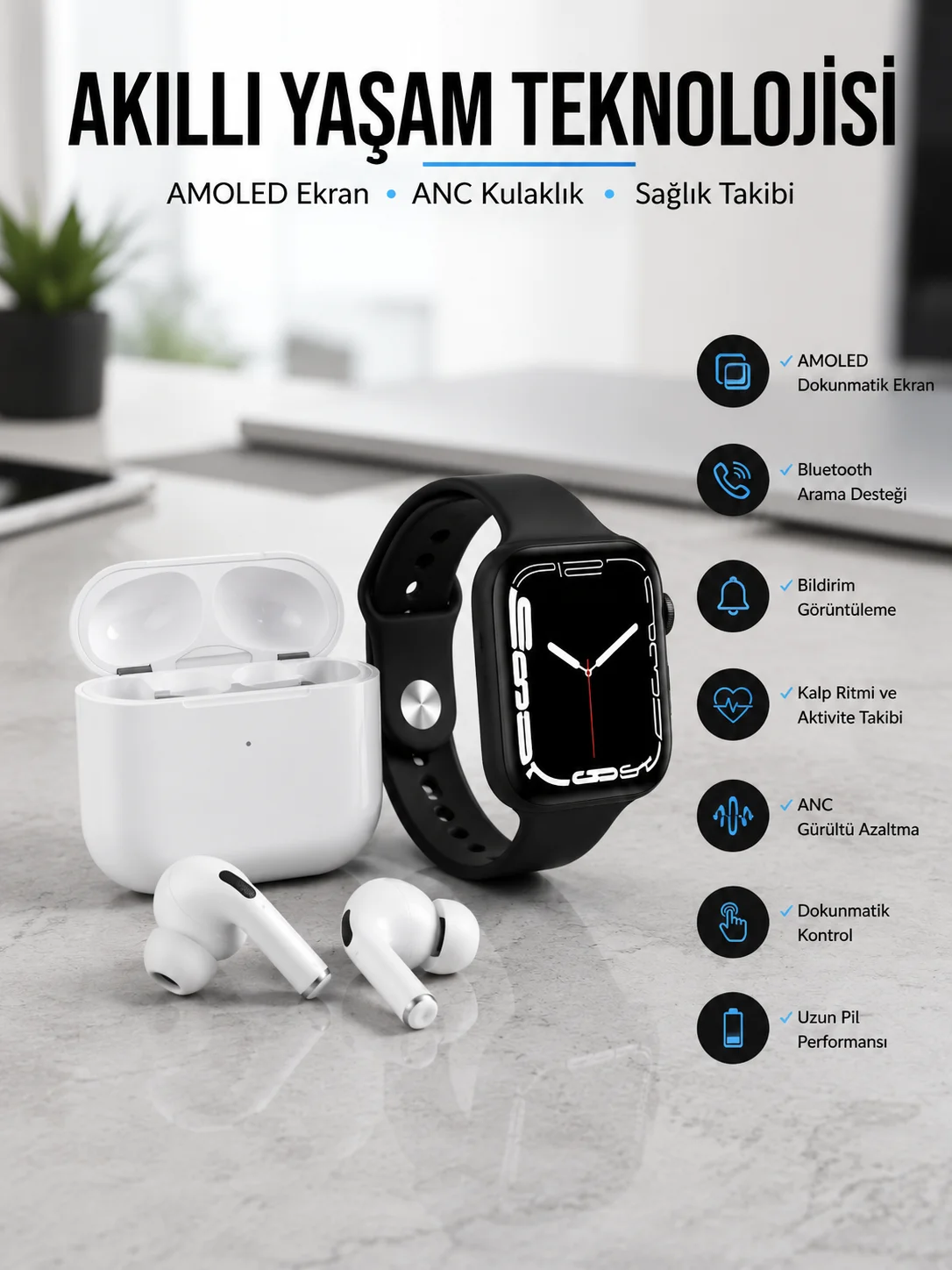 2025 Model Akıllı Saat ve Yeni Nesil Pro Bluetooth Kulaklık TWS Yüksek Ses Kaliteli