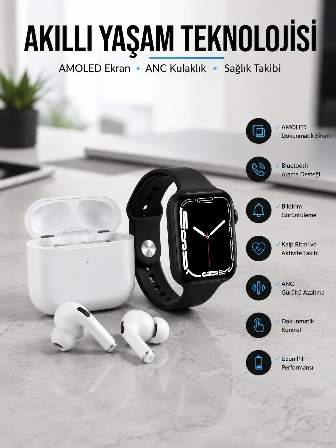 2025 Model Akıllı Saat ve Yeni Nesil Pro Bluetooth Kulaklık TWS Yüksek Ses Kaliteli