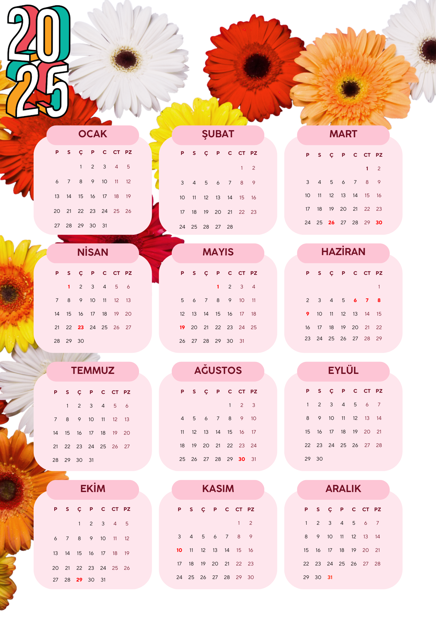 P Parla 2025 Takvimi Kişiye Özel Gerbera Çiçeği Tasarim