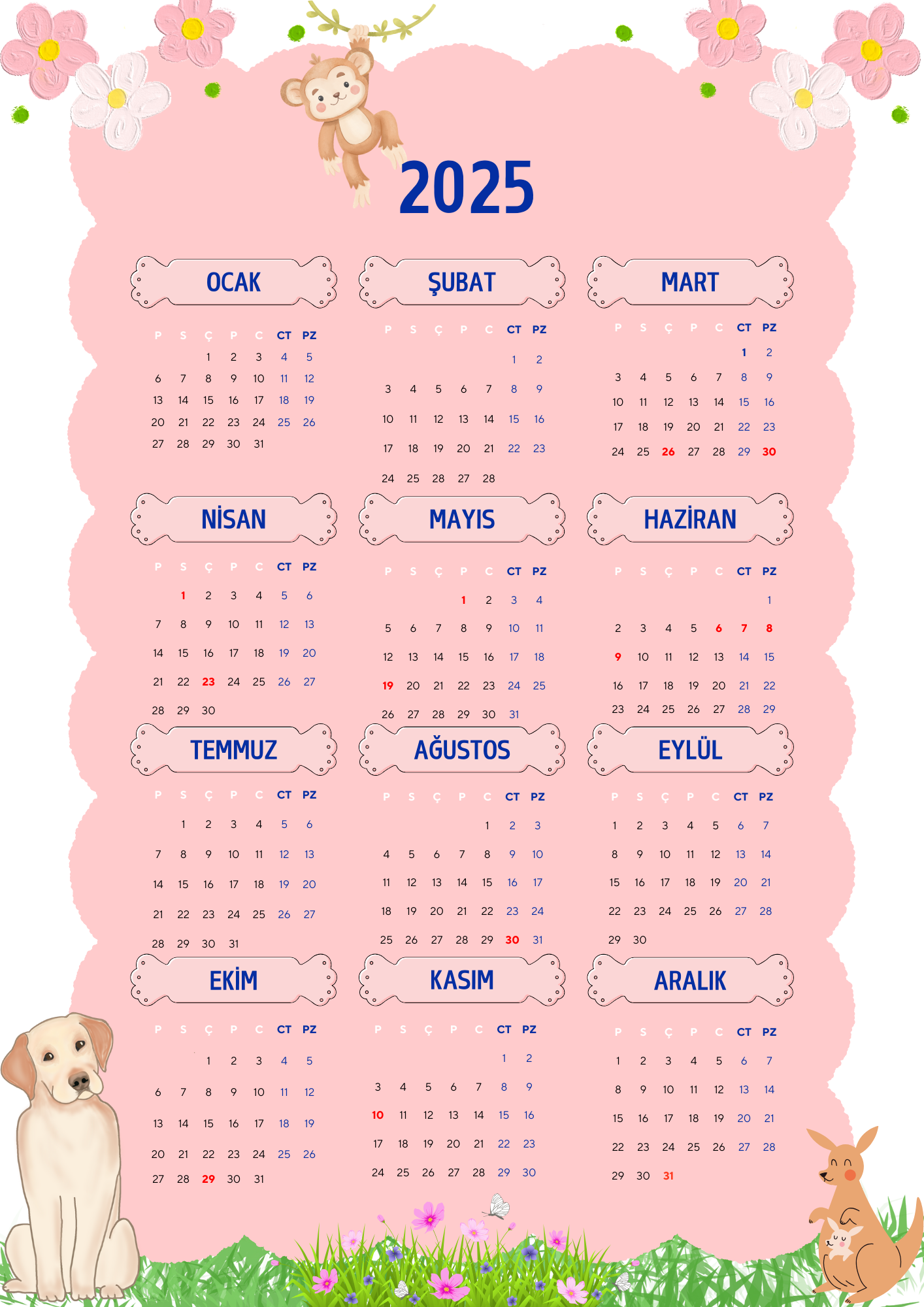 P Parla 2025 Takvimi Kişiye Özel Kanguru-Köpek-Maymun Detayli Tasarim