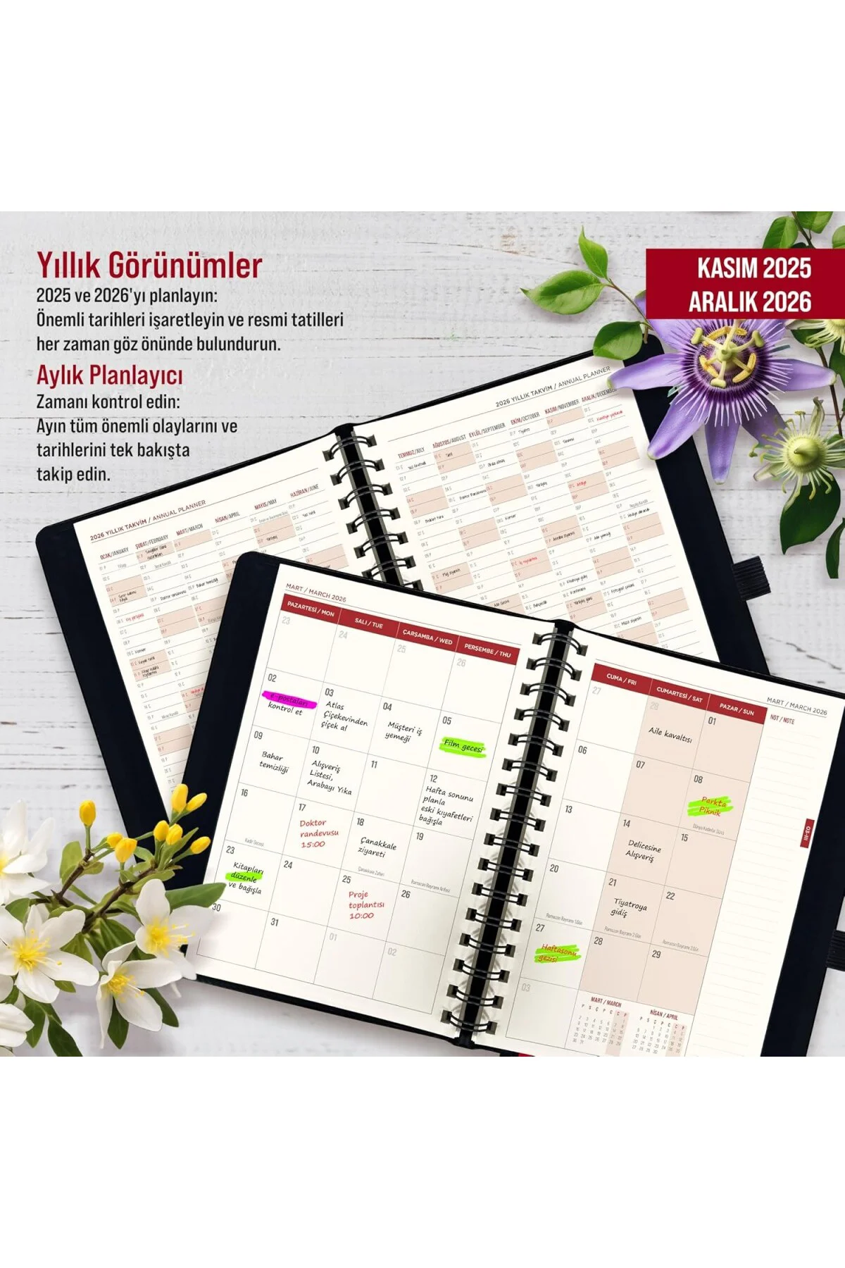 2026 Ajanda, A5 Spiralli Deri Planlayıcı, 14 Aylık Akademik Ajand