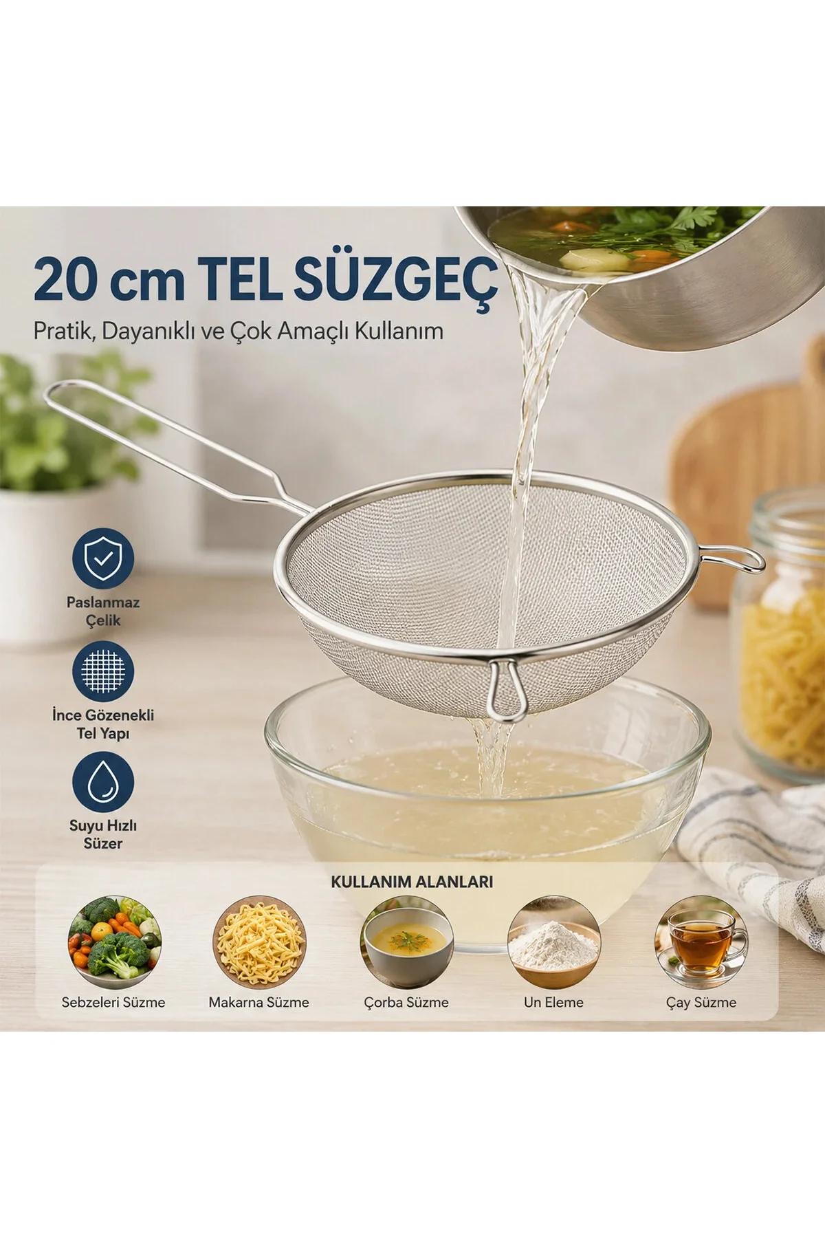 20CM Tel Süzgeç Metal Saplı Kulaklı 20CM Tel Süzgeç Metal Saplı Kulaklı