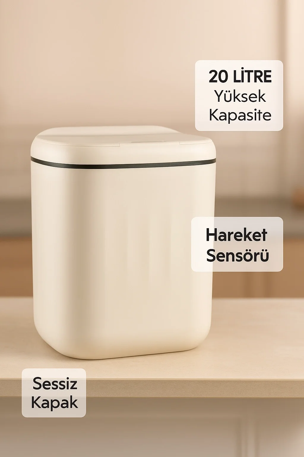 20L Sensörlü Akıllı Antibakteriyel Çöp Kovası Otomatik Kapaklı, Banyo Mutfak 4 Pil Yanında