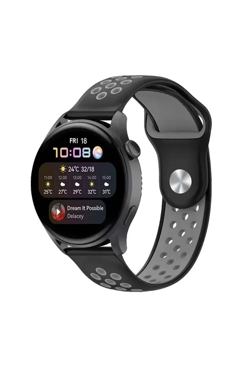 20mm Spor Delikli Kordon - Siyah-Gri, Terletmeyen Nefes Alan Saat Kayışı