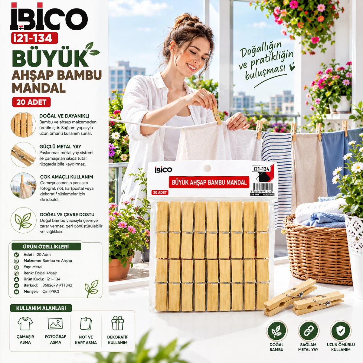20PCS Büyük Ahşap Bambu Mandal