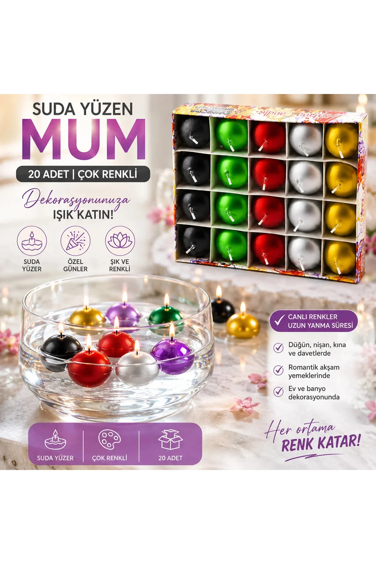 20PCS Suda Yüzen Mum Beyaz - Renkli 20PCS Suda Yüzen Mum Beyaz - Renkli