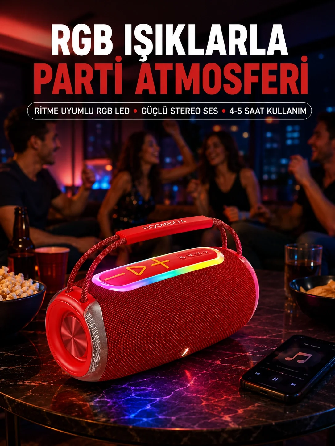 20W Güçlü Ses Çift Sürücülü RGB LED Işıklı Bluetooth 5.3 Hoparlör