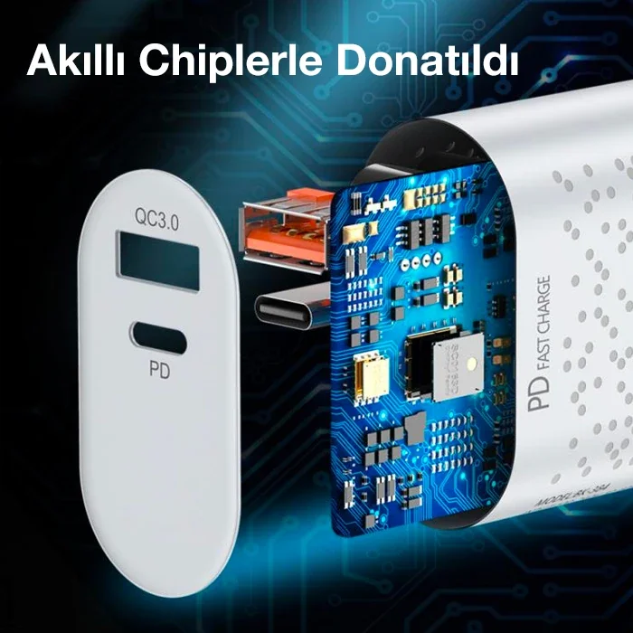 20W Hızlı Şarj Aleti (QC3.0 & PD3.0) - USB & Type-C Şarj Başlığı