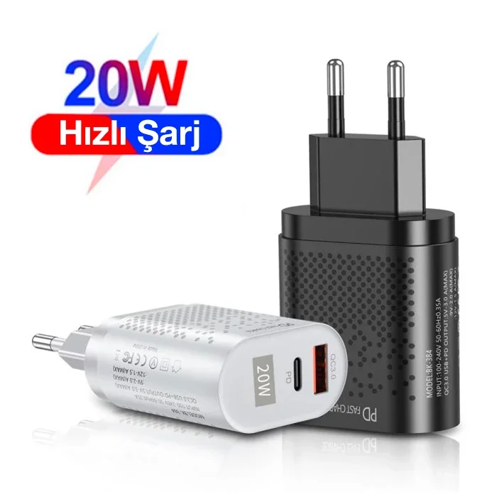 20W Hızlı Şarj Aleti (QC3.0 & PD3.0) - USB & Type-C Şarj Başlığı