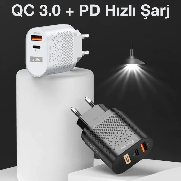 20W Hızlı Şarj Aleti (QC3.0 & PD3.0) - USB & Type-C Şarj Başlığı