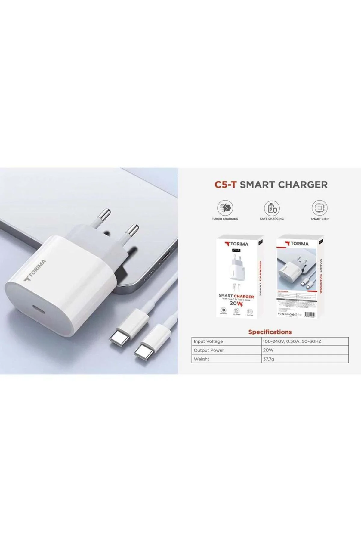 20W Nubia V50 Design İle Uyumlu Şarj Adaptörü ve 1 Metre Type-C Kablo