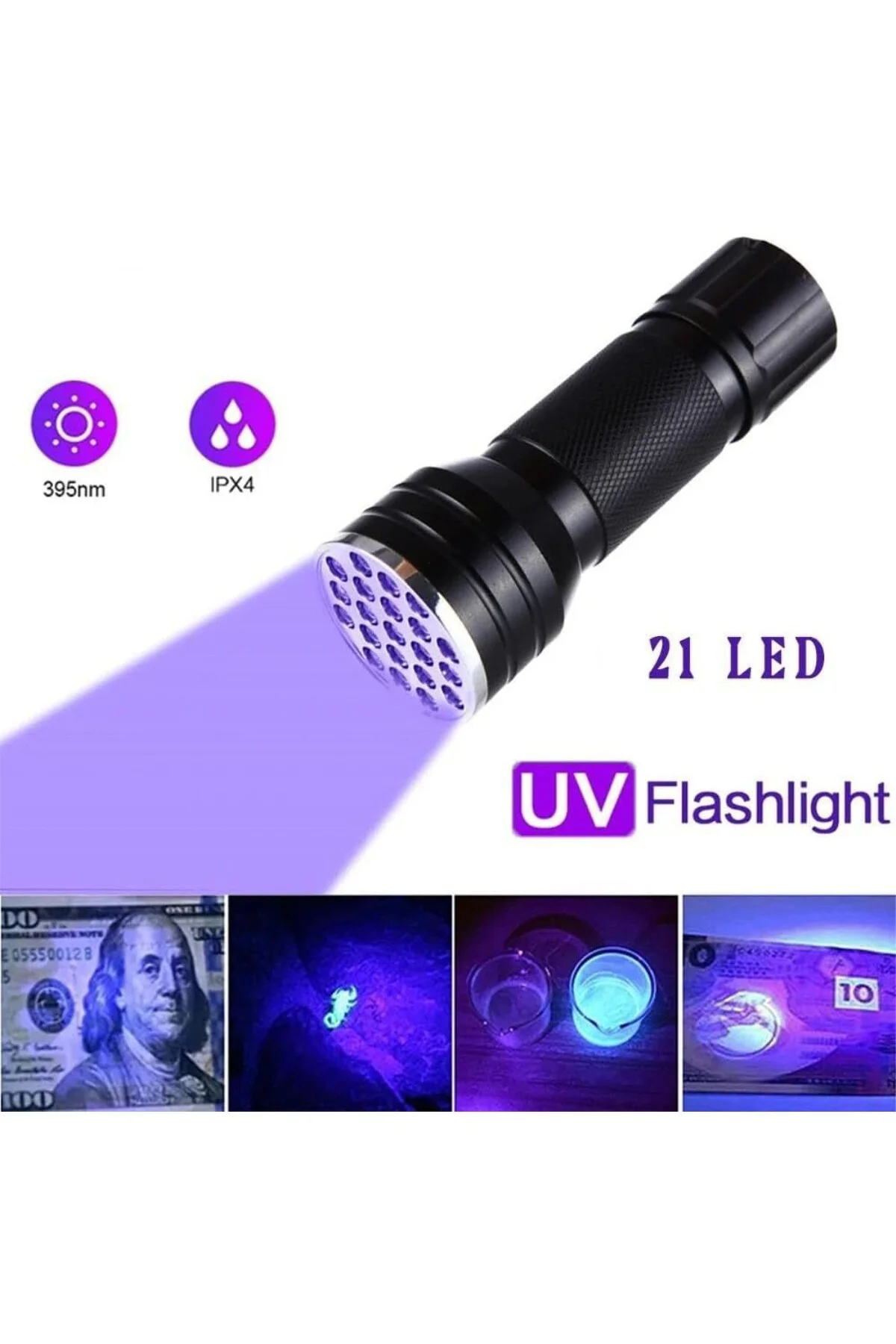 21 LED 395nm Güneş Işığı Eltraviyole UV El Feneri - Siyah Fener -