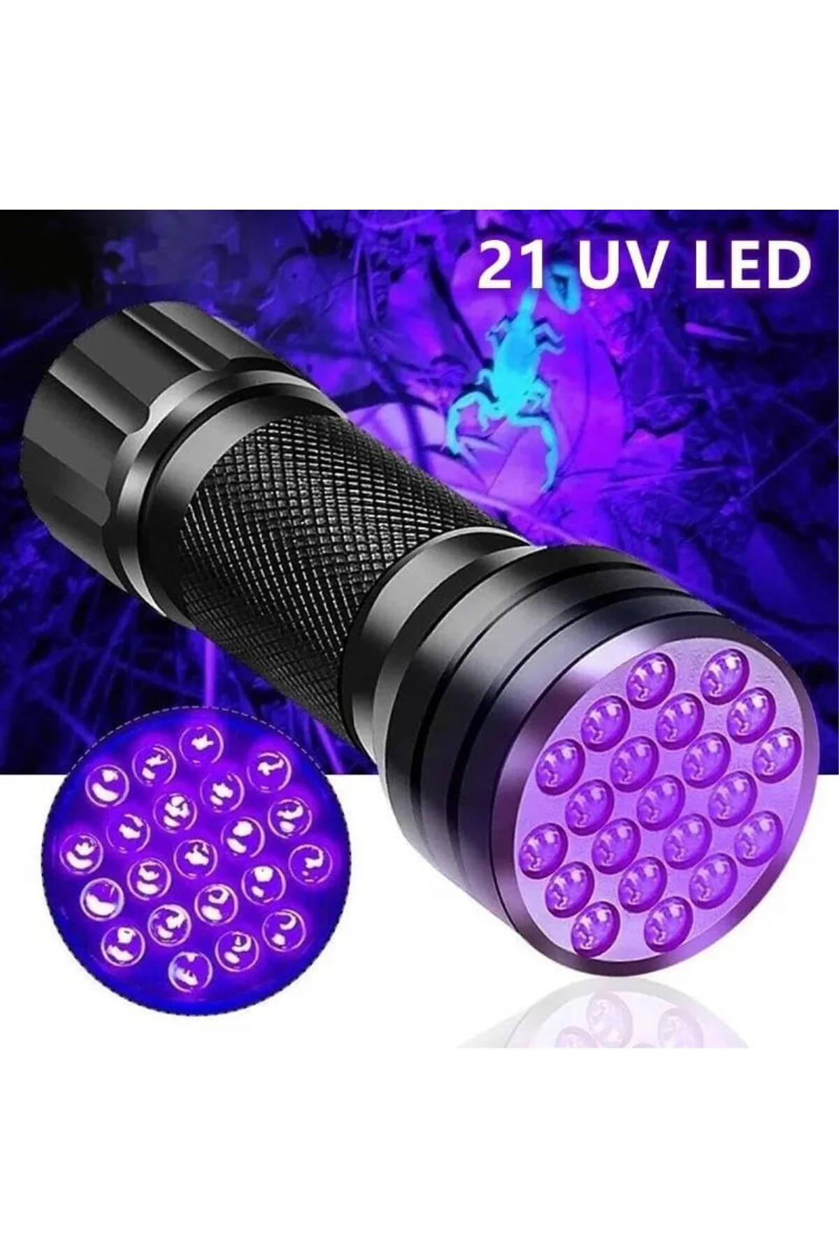 21 LED 395nm Güneş Işığı Eltraviyole UV El Feneri - Siyah Fener -